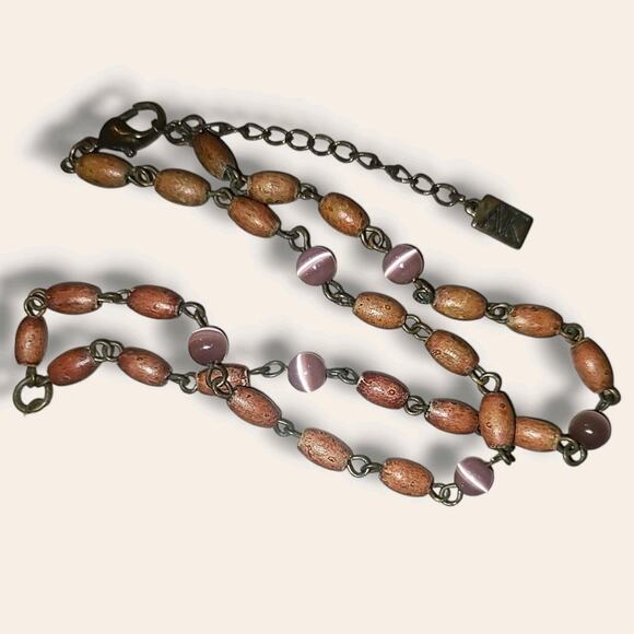 Vintage Anne Klein Etched Mother Of Pearl Pendant Necklace‎ Wood & Glass Beads - Picture 9 of 9